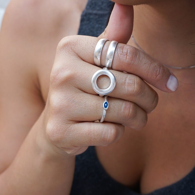 Tiny silver band evil eye ring, blue enamel solitaire ring, stacking stackable ring, minimalist thin boho dainty signet love ring image 2