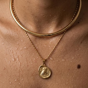 Op de afbeelding: Een goudkleurige gelaagde kettingenset bestaande uit een gladde, dikke ronde halsring en een dunnere kralenketting met een ronde hanger voorzien van een reliëf van een uil en de letters AOE aan de rechterkant van de munt.