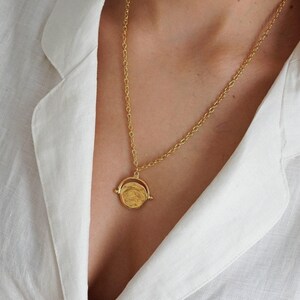 Gold vintage style evil eye protection engraved pendant, layered stacking boho dainty spinner lucky charm stainless steel chain necklace