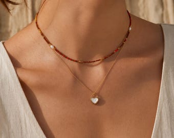 Gold Heart Pendant Necklace, Seashell Pearl Enamel Heart Charm