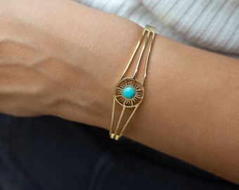 Gold Bracelet wt Sun & Stone, stainless steel stacking clasp TURQUOISE bangle, waterproof boho delicate minimalist  gift for girlfriend