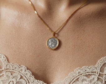 Gold Coin Pendant Necklace, Stainless Steel Crossed Chain