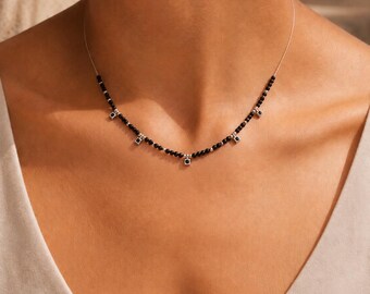 Black Crystal Bead Necklace, Silver Square Charm Necklace