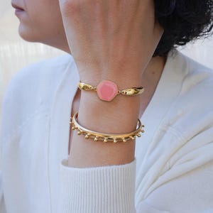 Gold coral enamel hexagon pendant bracelet, stacking wristband cuff, bohemian delicate dainty gold everyday minimalist bracelet gift for mom