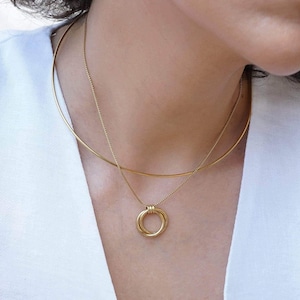 Gold double hoop pendant necklace, 24k gold plated double ring geometrical charm stainless steel necklace summer dainty layering stack boho