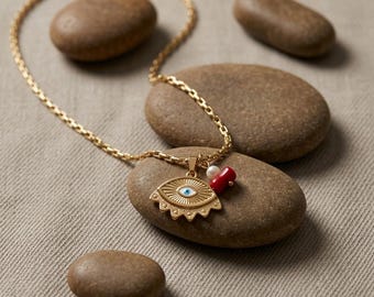 Gold Eye Necklace, Coral and Pearl Pendant, Spiritual Jewelry, Stainless Steel Chain