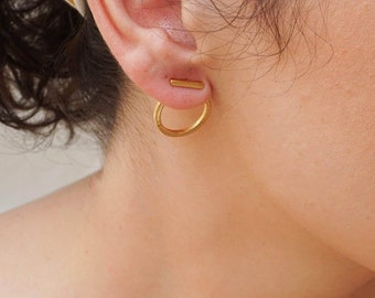 Gold bar & circle round ear jackets, minimalist 24k gold plated modern pushback rock dainty earrings simple bar studs, mothers day xmas gift