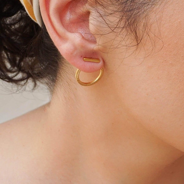 Gold bar & circle round ear jackets, minimalist 24k gold plated modern pushback rock dainty earrings simple bar studs, mothers day xmas gift