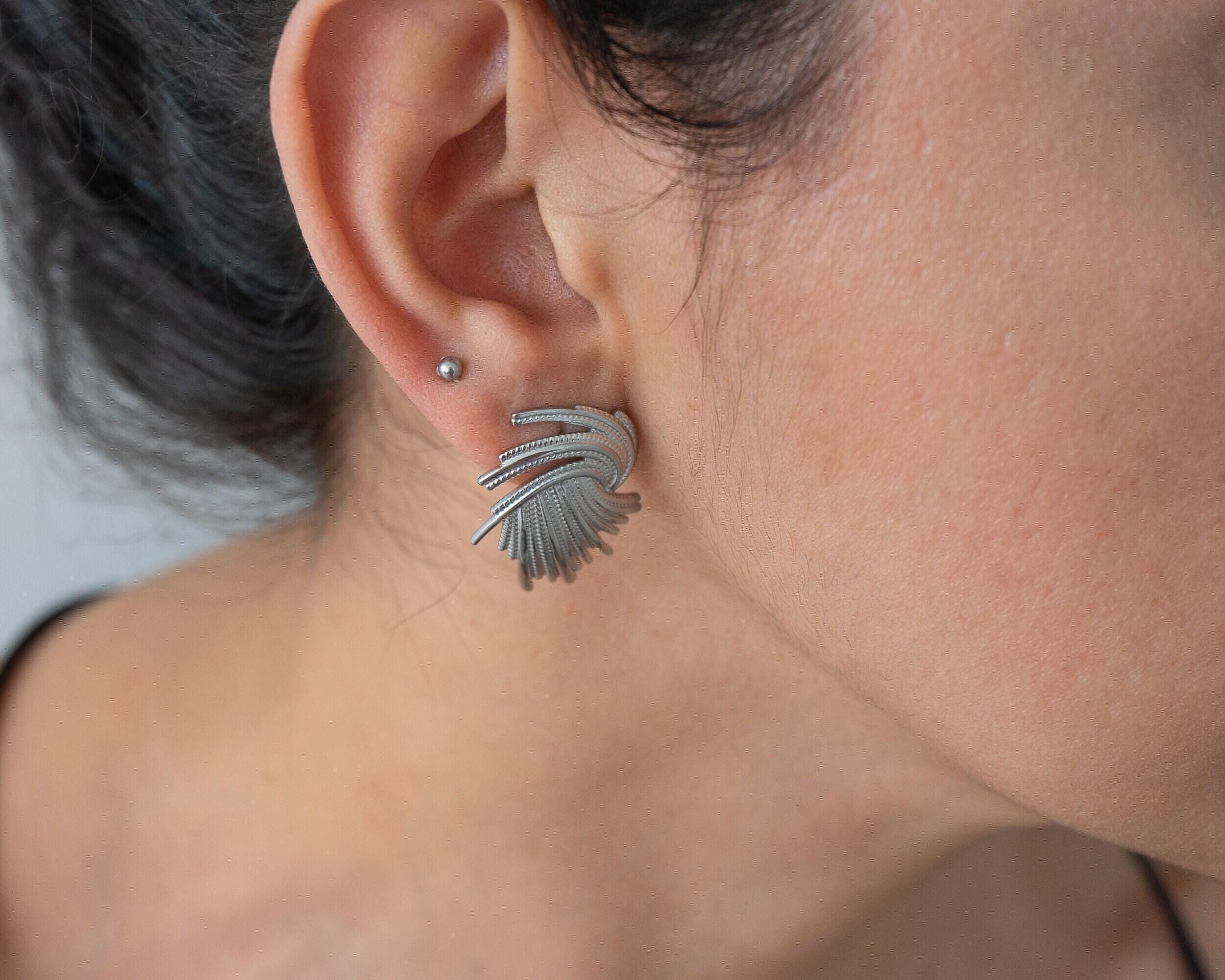 Waves Oversized Stud Earring Line Crumpled Pierced Ear Statement Silver Tone‎ Wave Stud Earrings - 925 Sterling Silver | OJA Silver main image 4