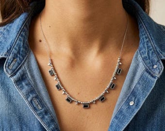 Silver Necklace with Black Rectangular Charms, Stainless Steel Chain Necklace, Silver Beaded Necklace, Modern Geometric Jewelry