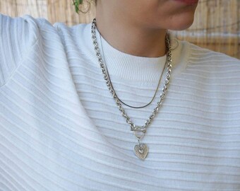 Silver thick chain locket necklace with an engraved heart pendant, toggle clasp necklace, chunky chain, thick silver link choker, t-clasp