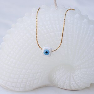 Gold dainty evil eye protection ceramic cube necklace, gold stainless steel chain necklace modern enamel layered stacking boho lucky charm