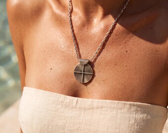 Silver Geometric Pendant Necklace, Ancient Greek Inspired Necklace, Labyrinth Medallion, Ethnic Silver Jewelry