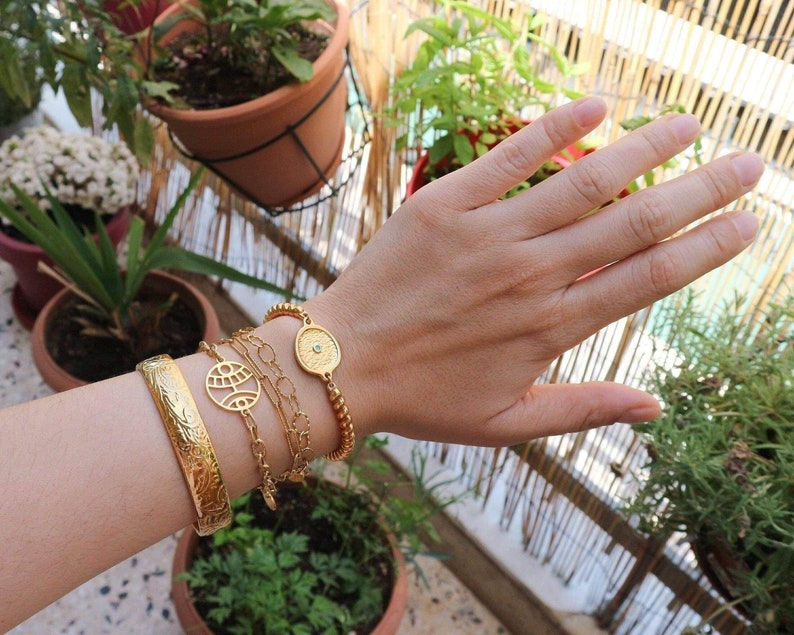 Antique gold ethnic tribal cuff wt floral pattern, stacking bracelet stack, hippie boho delicate minimalist, free people style, 5-6.5 in image 4
