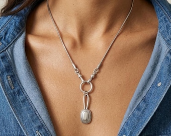 Silver Snake Chain Necklace, Front Clasp Necklace, Oval Pendant Necklace, Double Clasp Silver Necklace, Modern Statement Jewelry