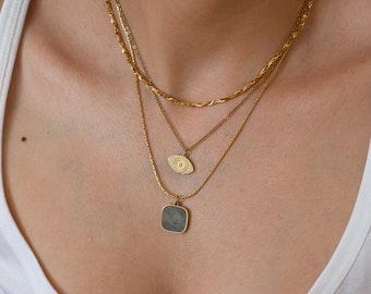 Gold LABRADORITE MOONSTONE TURQUOISE stainless steel necklace, Semi precious pendant necklace, gemstone summer layering layered necklace