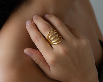 Modern Gold Stainless Steel Multi Band Ring – Adjustable Minimalist Sculptural Ring