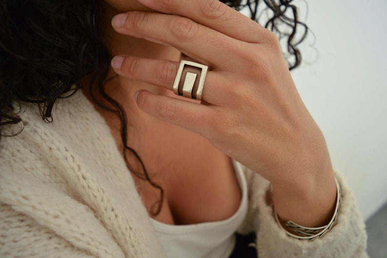 Antique silver geometric ring, big statement abstract modern ring boho jewelry gift for her, unisex strudy large square wide band ring image 5