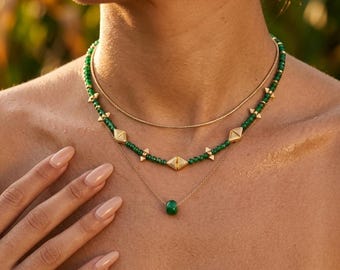 Green Jade Beaded Necklace, Gold Triangle Charm Choker
