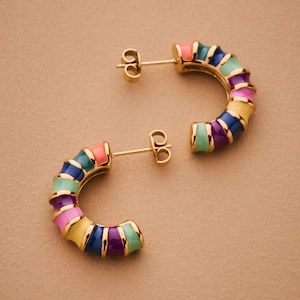 Rainbow enamel hoop earrings, gold huggie hoops, chunky colorful stud earrings, 18K gold plated, summer earrings modern statement jewelry