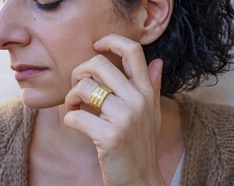 Gold hammered squares pattern ring, thick band ring, 24k gold plate geometric ring boho gift for her, statement wide layering stacking ring