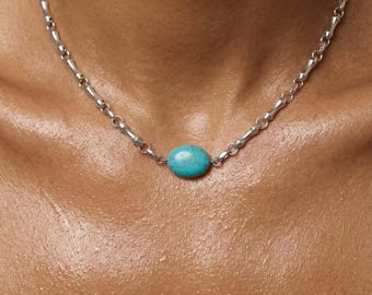 Turquoise Howlite Choker Necklace, Silver Beaded Necklace, Blue Stone Choker, Short Statement Necklace, Boho Jewelry Gift