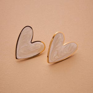 Heart enamel stud earrings, white heart earrings, bold heart earrings, statement stud earrings, gold stainless steel earrings, 90s style