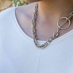 Boho chic large silver t bar chunky chain necklace, t-clasp necklace, gift for her, thick chain, front toggle style, punk rock necklace