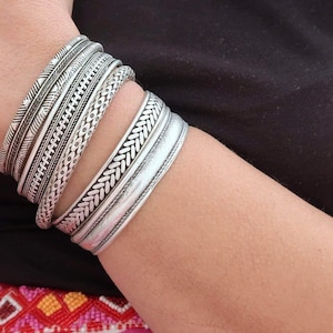 Silver engraved lines cuff,  bohemian chunky ethnic tribal bracelet