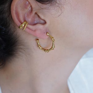 Gold thick bamboo hoop earrings, 24k gold plated large hoops, minimalist dainty geometric trend minimal bohemian hoop earrings gift for her