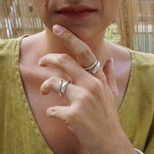 Silver soft open twisted ring, adjustable ethnic rock stacking ring