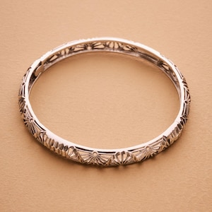 Silver perforated floral bangle, stackable clasp bracelet delicate minimal