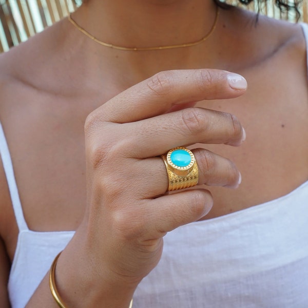 Gold large ethnic ring, 24k gold plated turquoise enamel boho minimal ring, statement southwestern gift for her tribal free people, dainty