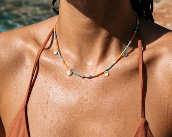 Silver Fish Beaded Necklace, Orange Turquoise Miyuki Choker, Pearl and Coin Charm Summer Jewelry