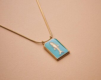 Gold fish necklace, enamel pendant summer pendant, gld waterproof necklace, stainless steel chain, summer layering beach fish symbol jewelry