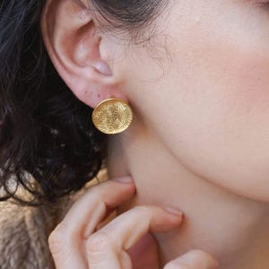 Gold asymmetric hammered disc stud earrings, 24k gold plated large round disc pushback earrings, big statement dainty ethnic minimal boho