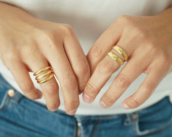 24k gold plated long parallel 2 or 3 lines ring, dainty boho geometric minimal unique stacking band ring, abstract modern stacking ring edgy