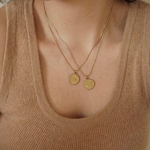 Può includere: Due collane d'oro con catene delicate e ciondoli rotondi. I ciondoli hanno un design floreale testurizzato.