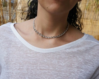 Silver chunky chain choker necklace, silver plated steel layered stacking Dainty choker necklace boho hippie short layering minimal necklace