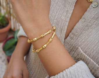Gold bamboo cuff, 24k gold plated stacking bracelet boho minimal, free people style, 6-7.5 in, hippie rock chic gift for her, christmas gift