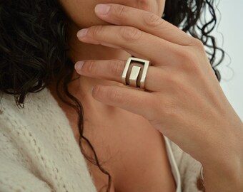 Antieke zilveren geometrische ring, grote statement abstracte moderne ring boho sieraden - cadeau voor haar, unisex strudy grote vierkante brede bandring