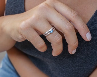 Tiny silver band evil eye ring, blue enamel solitaire ring, stacking stackable ring, minimalist thin boho dainty signet love ring