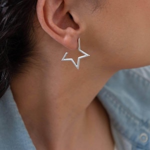 Silver star hoop earrings, silver plated star open hoops, big star large hoops minimal dainty bohemian stacking earrings, gift for her