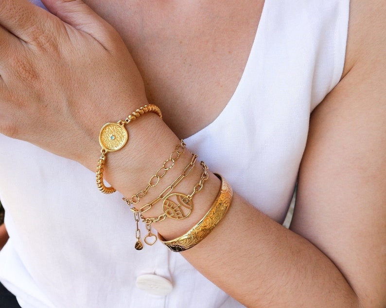 Antique gold ethnic tribal cuff wt floral pattern, stacking bracelet stack, hippie boho delicate minimalist, free people style, 5-6.5 in image 10