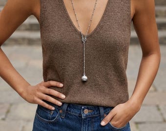Silver Lariat Necklace, Black Brown Enamel Necklace, Long Drop Necklace, Ethnic Silver Necklace, Stainless Steel Chain, Boho Jewelry