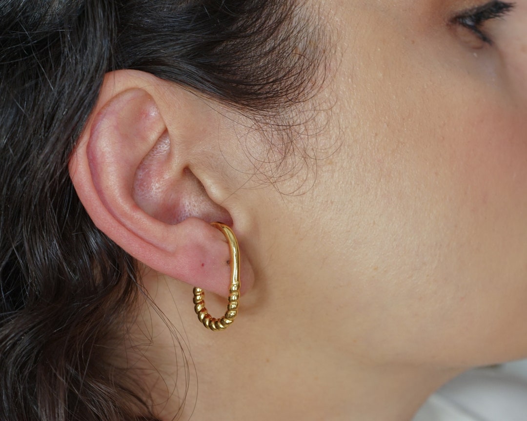 Single 24K Gold Plated Long Lobe Hugger Earring, Twisted Rope Ear ...