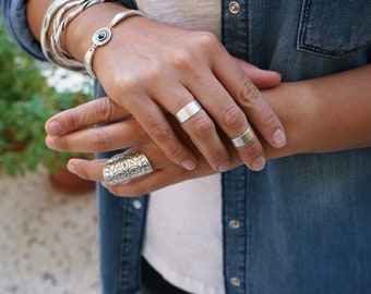 Simple silver thick band open ring, cuff open adjustable silver ring, stacking delicate rock ring, stackable festival fashion retro ring