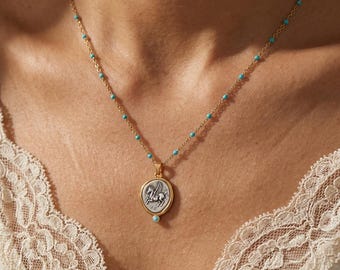 Gold Coin Pendant Necklace, Turquoise Rosario Chain