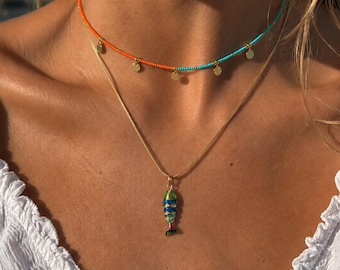 Orange Turquoise Beaded Necklace, Miyuki Seed Bead Choker, Gold Disc Charm Necklace, Colorful Summer Jewelry
