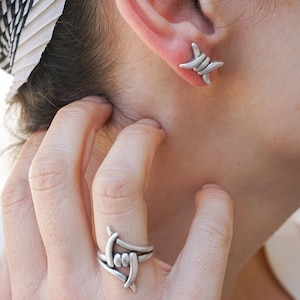 Silver barbed wire stud earrings, razor wire earrings edgy rock dainty earring, wire mesh barb wire heavy metal earrings gift for her studs
